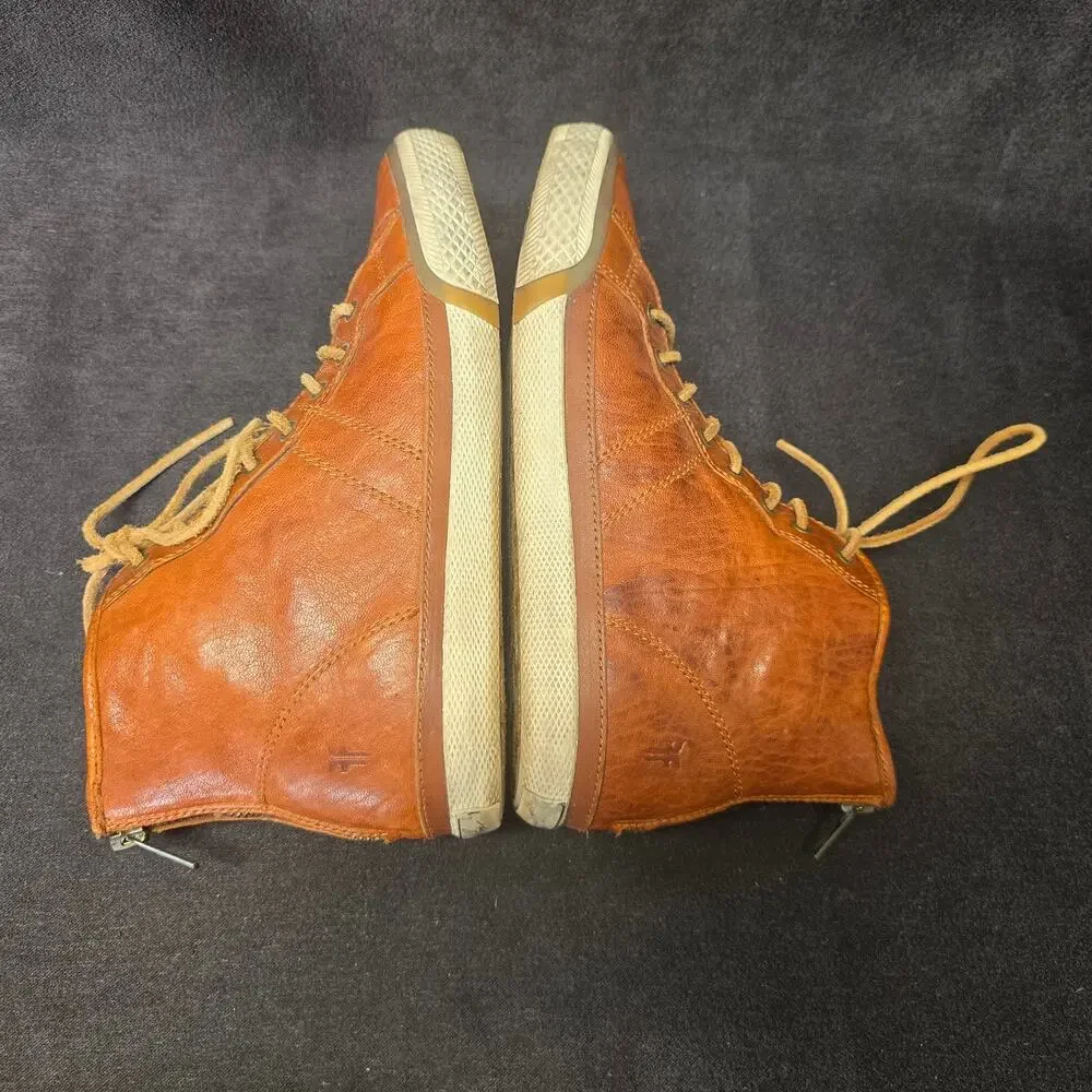 Frye Sheepskin Brown Leather High Top Zip Back Ankle Booties Sneakers Shoes